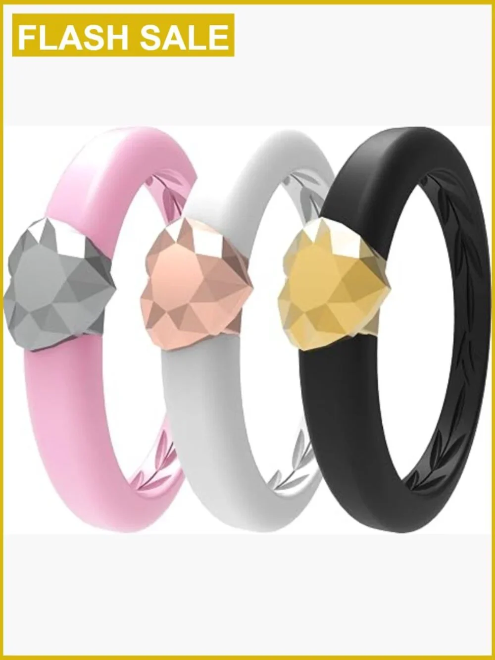 Set of 3 Silicone Wedding Bands - Flower Shape Rubber Rings for Women